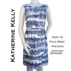 Katherine Kelly Sheath Dress 12 Blue White Faux Wrap Striped Sleeveless Cotton